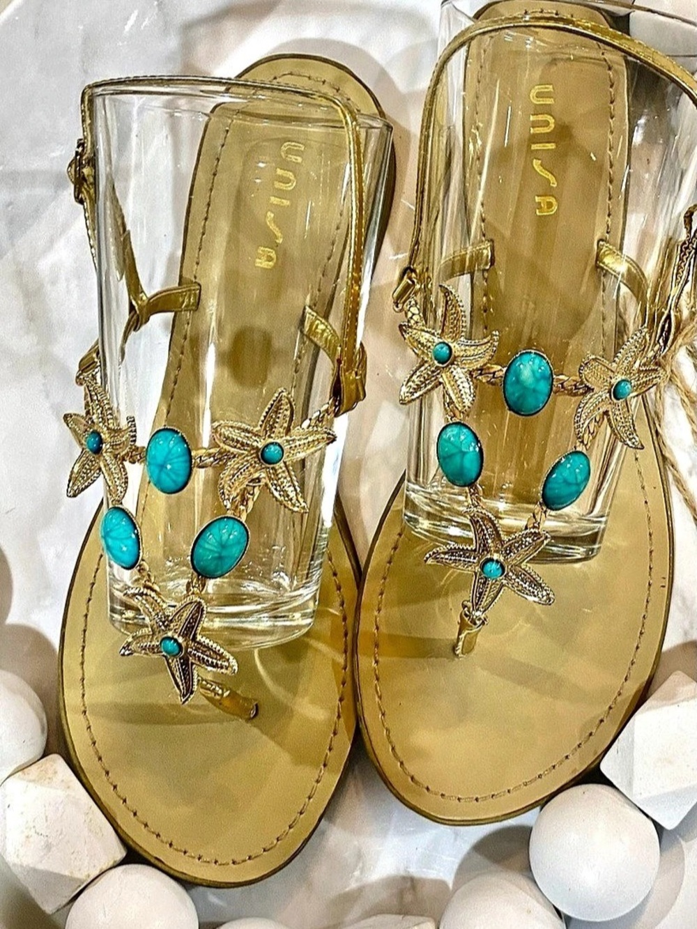 UNISA Star Sandals in Gold & Turquoise Sz 9 EUC